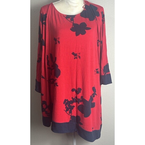 Ulla Popken Red & Navy Blue Floral Pullover Tunic Plus Size 24/26 - Picture 1 of 8